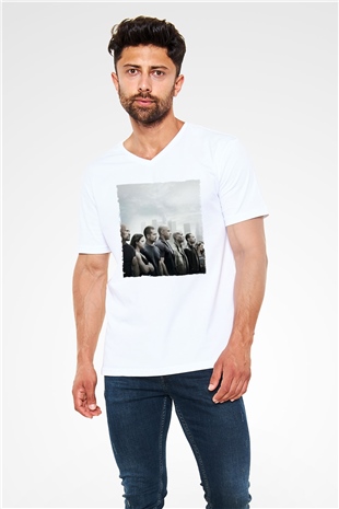 Unisex Hızlı ve Öfkeli Baskılı Beyaz V Yaka T-shirt