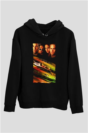Unisex Hızlı ve Öfkeli (Fast & Furious) Baskılı Siyah Unisex Kapüşonlu Sweatshirt