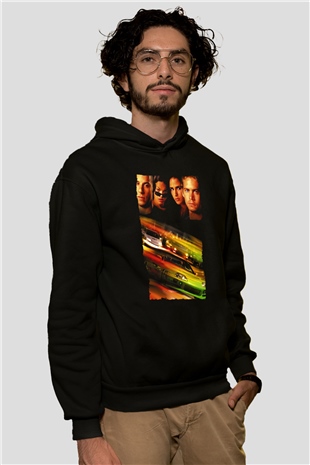 Unisex Hızlı ve Öfkeli (Fast & Furious) Baskılı Siyah Unisex Kapüşonlu Sweatshirt