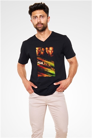 Unisex Hızlı ve Öfkeli (Fast & Furious) Baskılı Siyah Unisex V Yaka Tişört