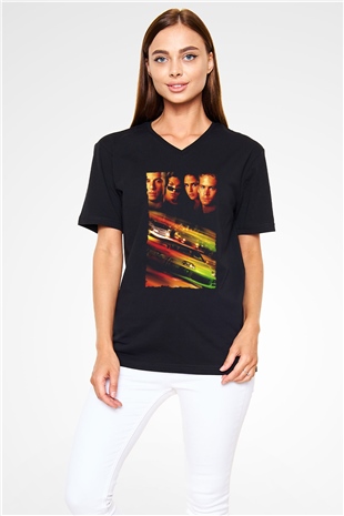 Unisex Hızlı ve Öfkeli (Fast & Furious) Baskılı Siyah Unisex V Yaka Tişört