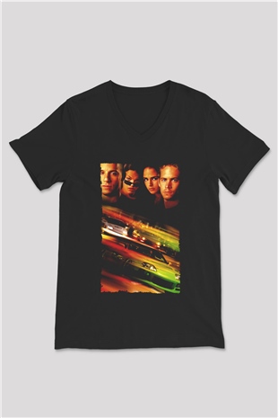 Unisex Hızlı ve Öfkeli (Fast & Furious) Baskılı Siyah Unisex V Yaka Tişört