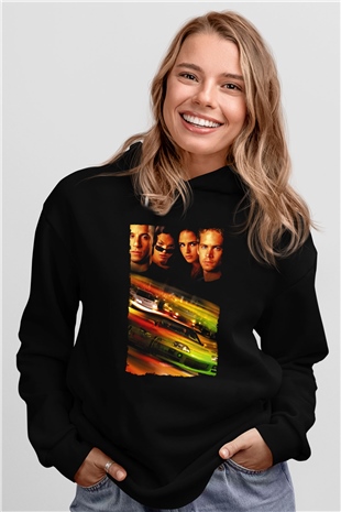 Unisex Hızlı ve Öfkeli (Fast & Furious) Baskılı Siyah Unisex Kapüşonlu Sweatshirt