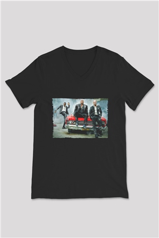 Unisex Hızlı ve Öfkeli Hobbs ve Shaw (Hobbs & Shaw) Baskılı Siyah V Yaka T-shirt