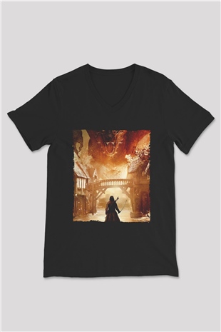 Unisex Hobbit Beş Ordunun Savaşı (The Hobbit The Battle of the Five Armies) Baskılı Siyah Unisex V Yaka Tshirt