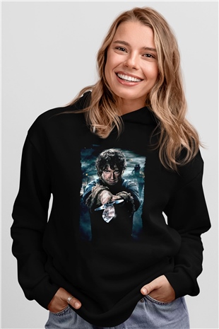 Unisex Hobbit Beş Ordunun Savaşı (The Hobbit The Battle of the Five Armies) Baskılı Siyah Kapüşonlu Sweatshirt