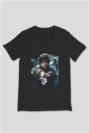 Unisex Hobbit Beş Ordunun Savaşı (The Hobbit The Battle of the Five Armies) Baskılı Siyah V Yaka Tshirt