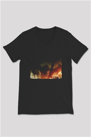 Unisex Hobbit Beş Ordunun Savaşı (The Hobbit The Battle of the Five Armies) Baskılı Siyah V Yaka T-shirt
