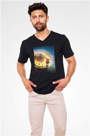 Unisex Hugo Baskılı Siyah V Yaka Tshirt