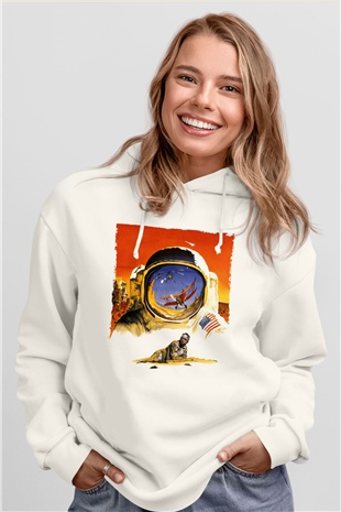 Unisex Hükmedenler - Capricorn Baskılı Beyaz Kapüşonlu Sweatshirt