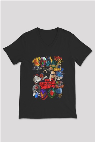 Unisex İntihar Timi (The Suicide Squad) Baskılı Siyah V Yaka T-shirt