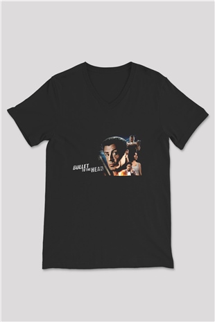 Unisex İntikam Kurşunu (Bullet to the Head) Baskılı Siyah V Yaka Tişört