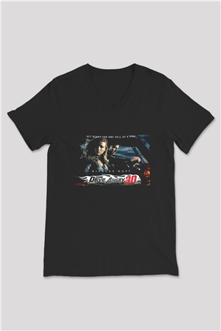 Unisex İntikam Yolu (Drive Angry) Baskılı Siyah V Yaka T-shirt