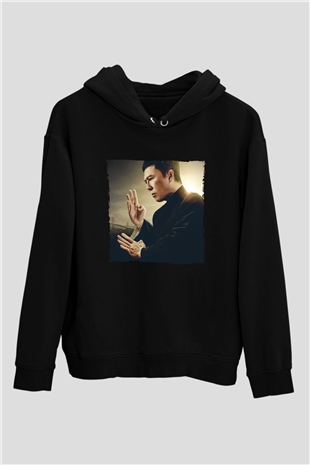 Unisex Ip Man Baskılı Siyah Kapüşonlu Sweatshirt