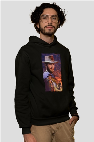 Unisex İyi, Kötü ve Çirkin (The Good, the Bad and the Ugly) Baskılı Siyah Kapüşonlu Sweatshirt