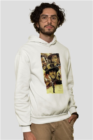 Unisex İyi, Kötü ve Çirkin (The Good, the Bad and the Ugly) Baskılı Beyaz Kapüşonlu Sweatshirt