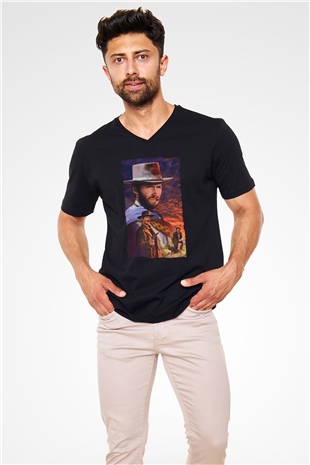 Unisex İyi, Kötü ve Çirkin (The Good, the Bad and the Ugly) Baskılı Siyah V Yaka T-shirt