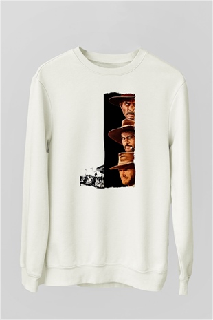 Unisex İyi, Kötü ve Çirkin (The Good, the Bad and the Ugly) Baskılı Beyaz Sweatshirt