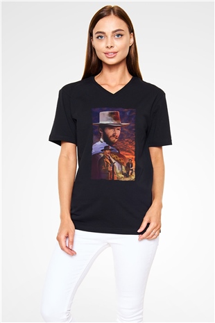 Unisex İyi, Kötü ve Çirkin (The Good, the Bad and the Ugly) Baskılı Siyah V Yaka T-shirt
