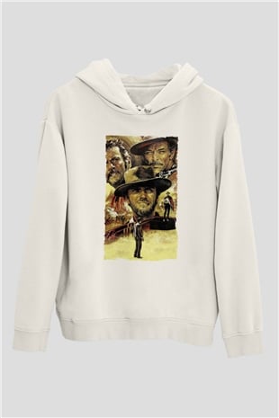 Unisex İyi, Kötü ve Çirkin (The Good, the Bad and the Ugly) Baskılı Beyaz Kapüşonlu Sweatshirt