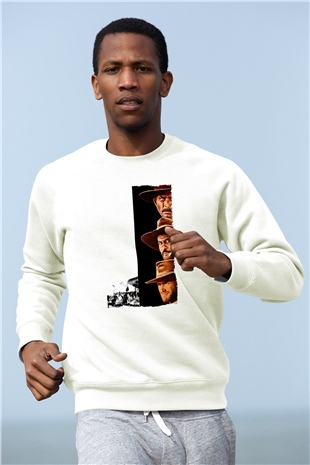 Unisex İyi, Kötü ve Çirkin (The Good, the Bad and the Ugly) Baskılı Beyaz Sweatshirt