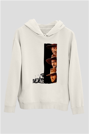 Unisex İyi, Kötü ve Çirkin (The Good, the Bad and the Ugly) Baskılı Beyaz Kapüşonlu Sweatshirt