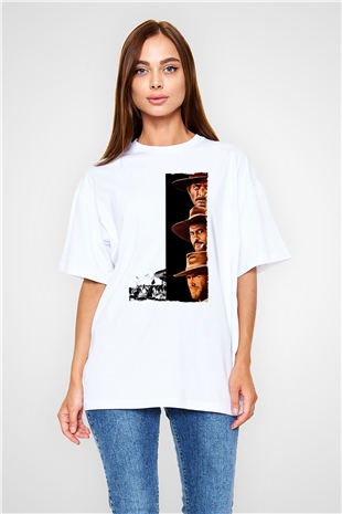 Unisex İyi, Kötü ve Çirkin (The Good, the Bad and the Ugly) Baskılı Beyaz Oversize T-shirt