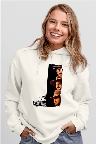 Unisex İyi, Kötü ve Çirkin (The Good, the Bad and the Ugly) Baskılı Beyaz Kapüşonlu Sweatshirt