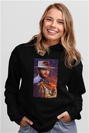 Unisex İyi, Kötü ve Çirkin (The Good, the Bad and the Ugly) Baskılı Siyah Kapüşonlu Sweatshirt
