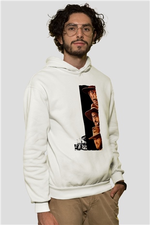 Unisex İyi, Kötü ve Çirkin (The Good, the Bad and the Ugly) Baskılı Beyaz Kapüşonlu Sweatshirt
