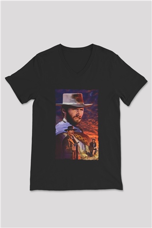 Unisex İyi, Kötü ve Çirkin (The Good, the Bad and the Ugly) Baskılı Siyah V Yaka T-shirt