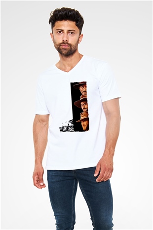 Unisex İyi, Kötü ve Çirkin (The Good, the Bad and the Ugly) Baskılı Beyaz V Yaka T-shirt