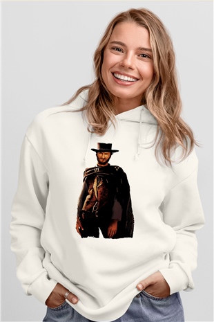 Unisex İyi, Kötü ve Çirkin (The Good, the Bad and the Ugly) Baskılı Beyaz Kapüşonlu Sweatshirt