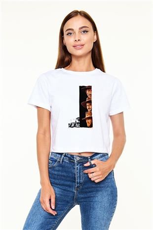 Unisex İyi, Kötü ve Çirkin (The Good, the Bad and the Ugly) Baskılı Beyaz Crop Top T-shirt