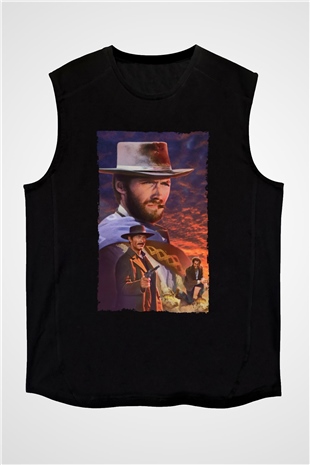 Unisex İyi, Kötü ve Çirkin (The Good, the Bad and the Ugly) Baskılı Siyah Kolsuz T-shirt