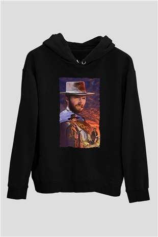 Unisex İyi, Kötü ve Çirkin (The Good, the Bad and the Ugly) Baskılı Siyah Kapüşonlu Sweatshirt