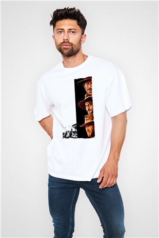 Unisex İyi, Kötü ve Çirkin (The Good, the Bad and the Ugly) Baskılı Beyaz Oversize T-shirt