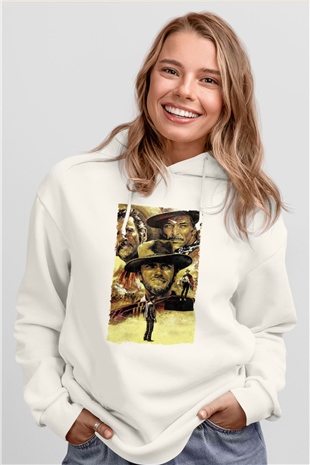 Unisex İyi, Kötü ve Çirkin (The Good, the Bad and the Ugly) Baskılı Beyaz Kapüşonlu Sweatshirt