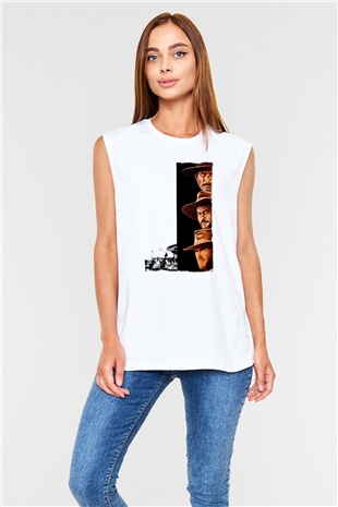 Unisex İyi, Kötü ve Çirkin (The Good, the Bad and the Ugly) Baskılı Beyaz Kolsuz T-shirt