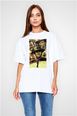 Unisex İyi, Kötü ve Çirkin (The Good, the Bad and the Ugly) Baskılı Beyaz Oversize Tişört