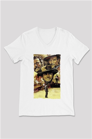 Unisex İyi, Kötü ve Çirkin (The Good, the Bad and the Ugly) Baskılı Beyaz V Yaka Tişört