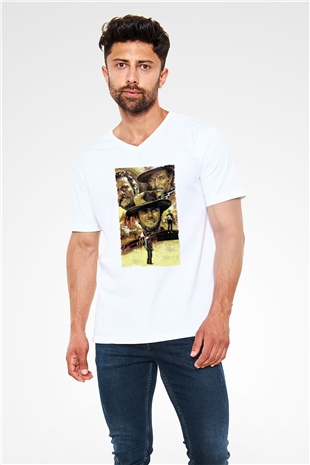 Unisex İyi, Kötü ve Çirkin (The Good, the Bad and the Ugly) Baskılı Beyaz V Yaka Tişört