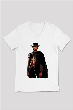 Unisex İyi, Kötü ve Çirkin (The Good, the Bad and the Ugly) Baskılı Beyaz V Yaka Tshirt