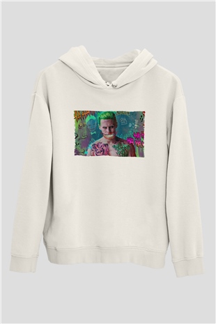 Unisex Jared Leto Joker Fanart Baskılı Beyaz Kapüşonlu Sweatshirt