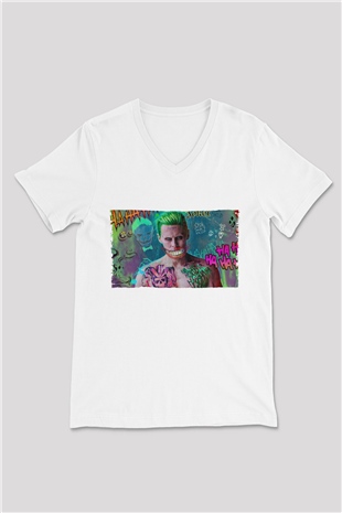 Unisex Jared Leto Joker Fanart Baskılı Beyaz V Yaka Tişört