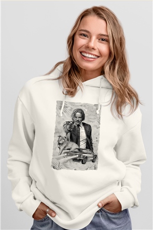 Unisex John Wick Baskılı Beyaz Kapüşonlu Sweatshirt