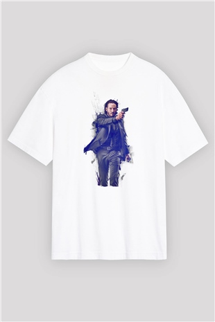 Unisex John Wick Baskılı Beyaz Oversize Tişört