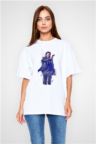 Unisex John Wick Baskılı Beyaz Oversize Tişört