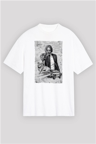 Unisex John Wick Baskılı Beyaz Oversize Oversize T-shirt