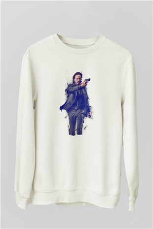 Unisex John Wick Baskılı Beyaz Sweatshirt